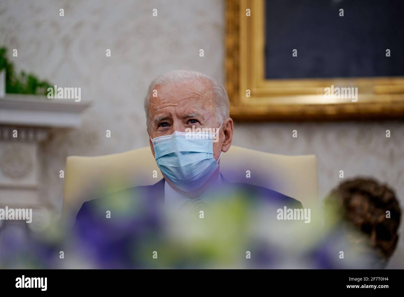 Washington, United States. 09th Apr, 2021. U.S. President Joe Biden speaks during the weekly economic briefing in the Oval Office of the White House in Washington, DC, U.S., on Friday, April 9, 2021. Biden proposed major boosts in funding to combat inequality, disease and climate change as part of a $1.52 trillion budget request for 2022, part of his wider push to redefine the role of government in American lives. Photographer: Amr Alfiky/Pool/Sipa USA/Pool/Sipa USA Credit: Sipa USA/Alamy Live News Stock Photo