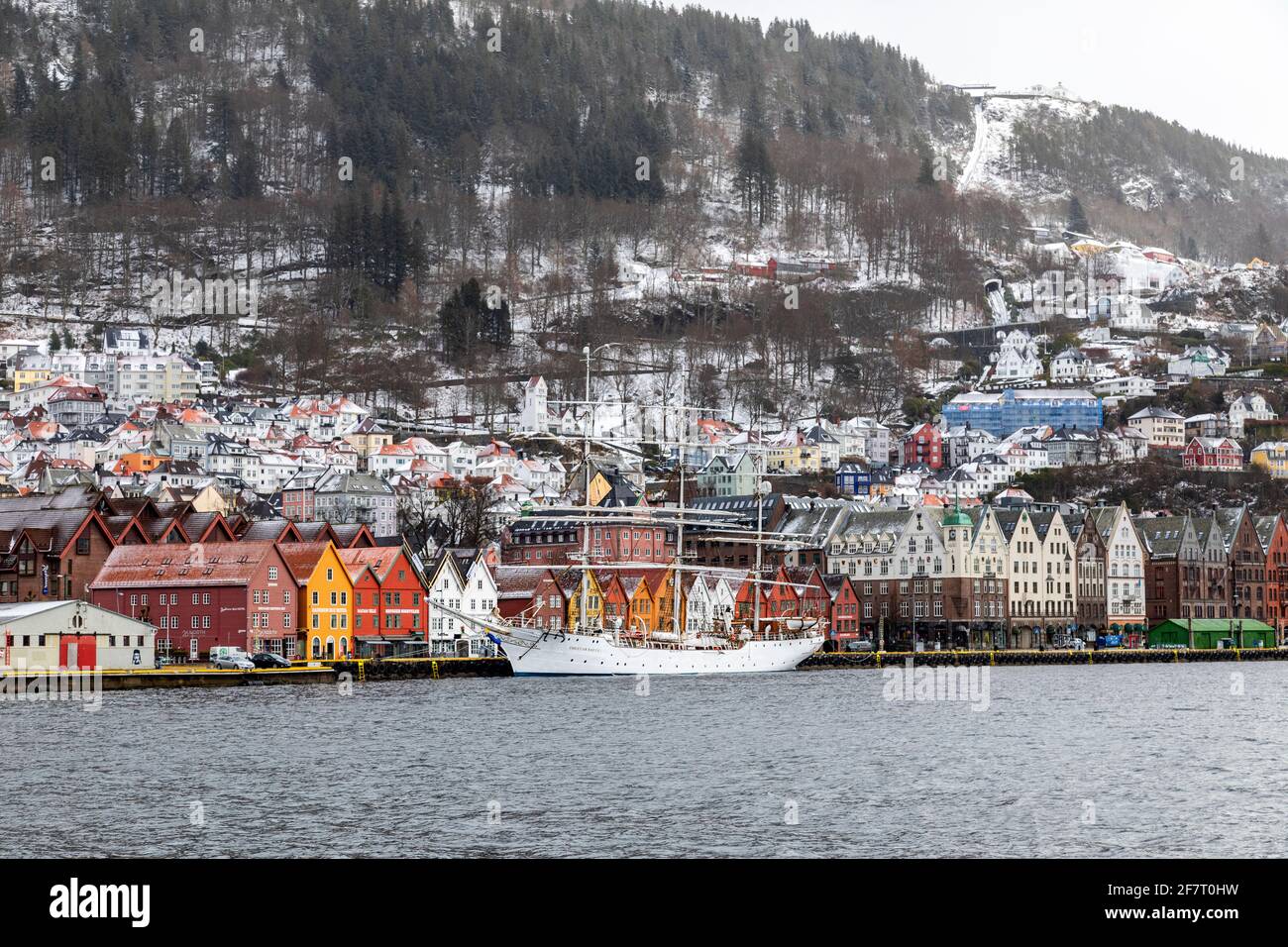Full-rigged sail ship Christian Radich (built 1937) at Bryggen quay, in the old port of Bergen, Norway Stock Photo