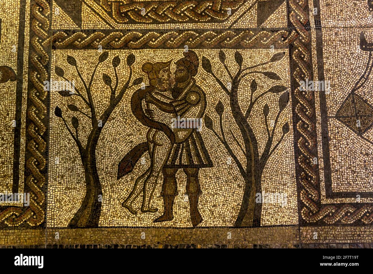 A detail from the Low Ham mosaic telling the story of Dido & Aeneas. It was made for the baths at a Roman villa in c AD 350. Stock Photo