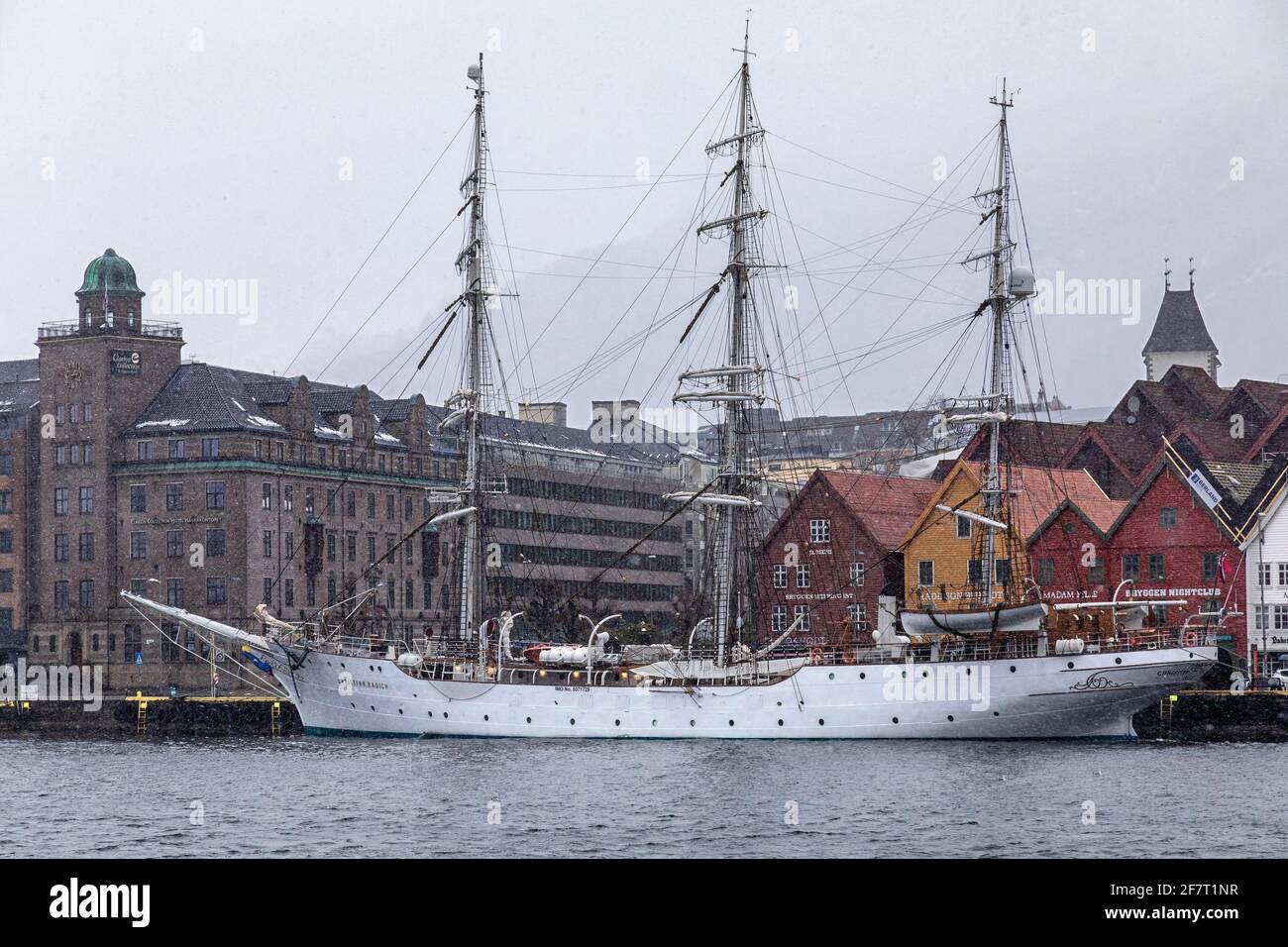 Full-rigged sail ship Christian Radich (built 1937) at Bryggen quay, in the old port of Bergen, Norway. Stock Photo