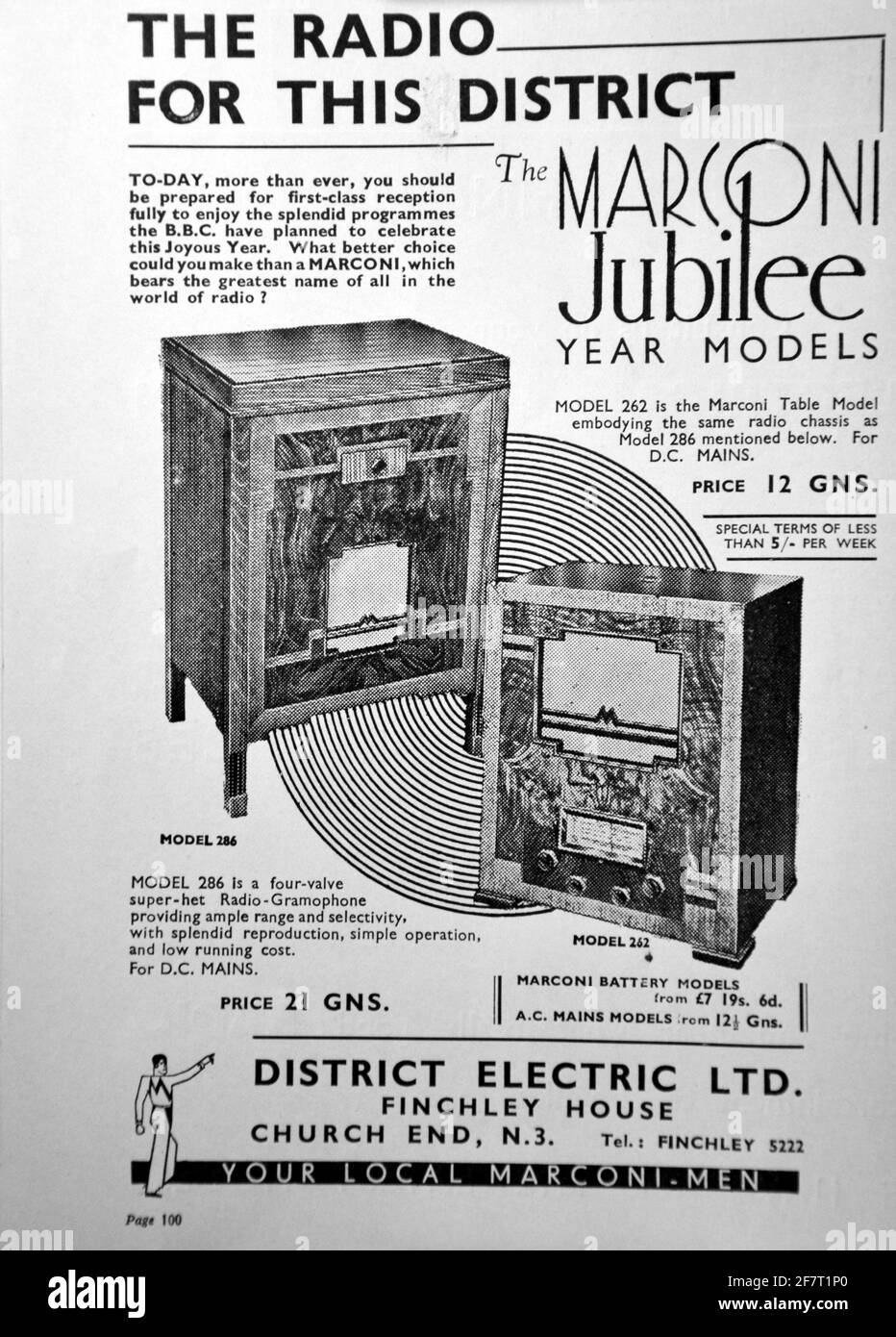 Advertisement for a Marconi radio and radio gramophone by Finchley Electric Ltd, Finchley House, Church End, London N3. From the book: 'FINCHLEY CELEBRATIONS ROYAL SILVER JUBILEE May 1935 Souvenir Handbook'. It says: 'Enjoy the splendid programmes the BBC have planned.' Stock Photo