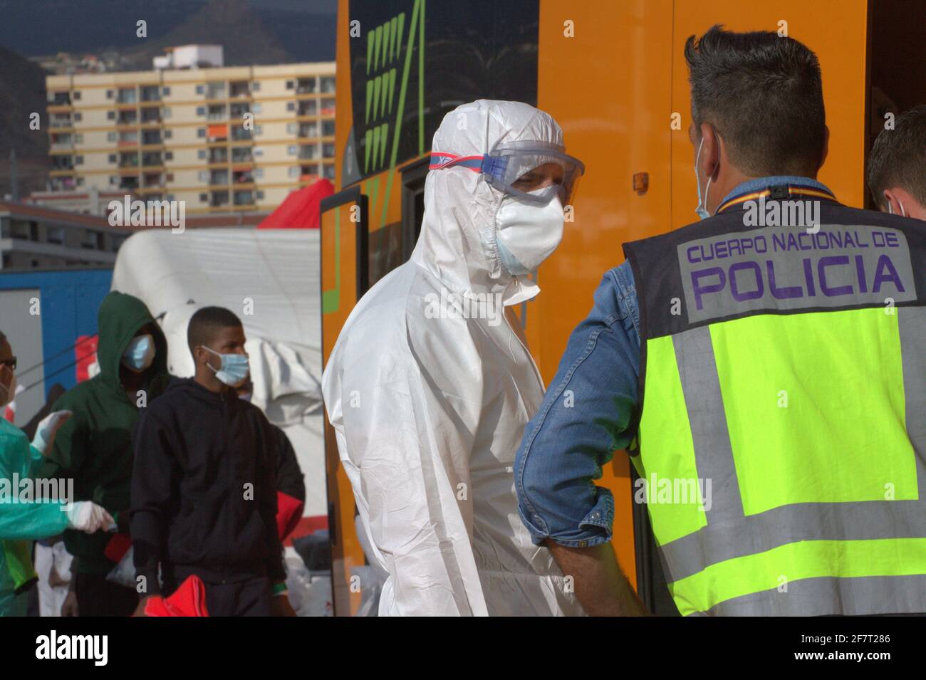 Spain. 08th Apr, 2021. The Salvamar Alborán boat has escorted a cayuco with thirteen sub-Saharan immigrants on board to the port of Los Cristianos, in the south of Tenerife, located this Thursday by a fishing boat 67 kilometers from the coast meanwhile the Raices camp has more than 1600 immigrants leaving in bad conditions. (Photo by Mercedes Menendez/Pacific Press/Sipa USA) Credit: Sipa USA/Alamy Live News Stock Photo