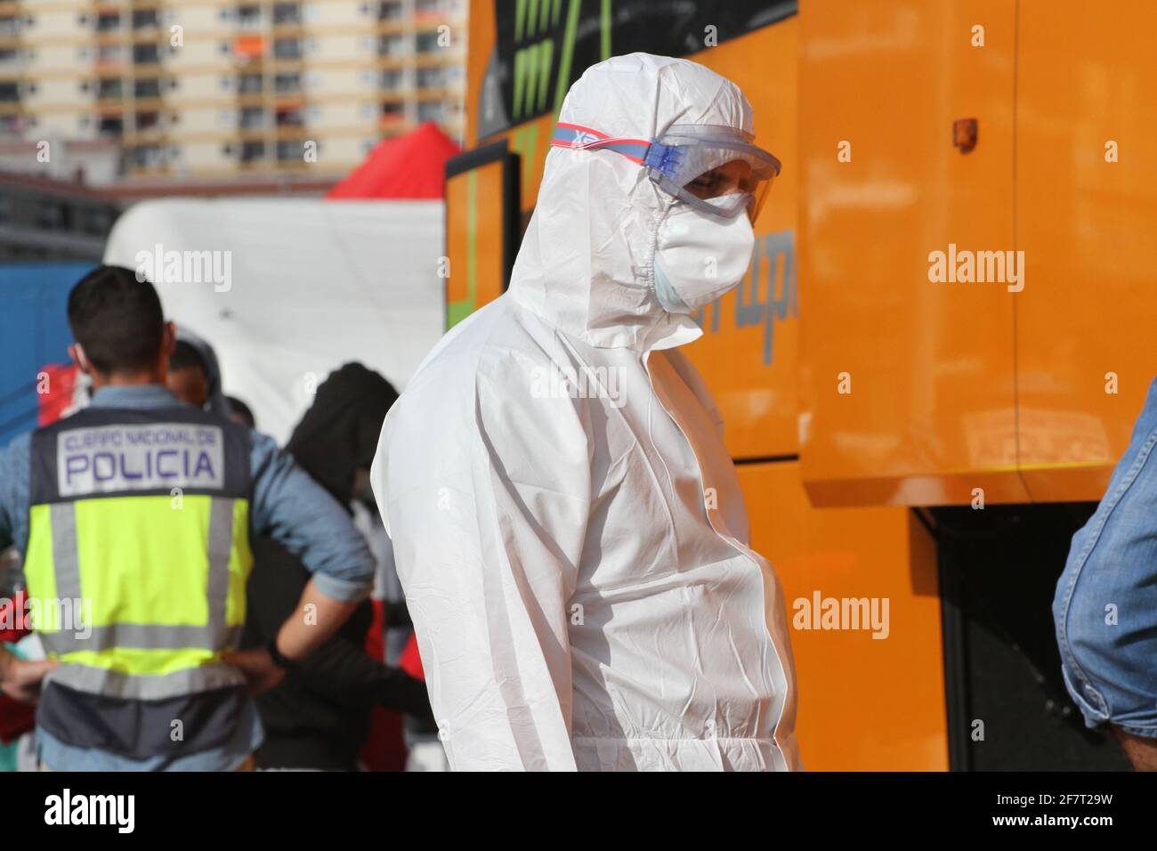 Spain. 08th Apr, 2021. The Salvamar Alborán boat has escorted a cayuco with thirteen sub-Saharan immigrants on board to the port of Los Cristianos, in the south of Tenerife, located this Thursday by a fishing boat 67 kilometers from the coast meanwhile the Raices camp has more than 1600 immigrants leaving in bad conditions. (Photo by Mercedes Menendez/Pacific Press/Sipa USA) Credit: Sipa USA/Alamy Live News Stock Photo