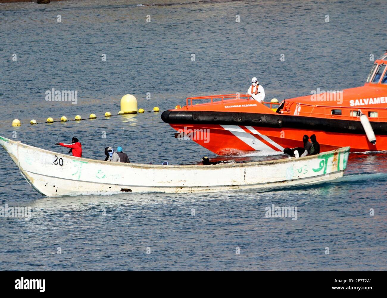 Spain. 08th Apr, 2021. The Salvamar Alborán boat has escorted a cayuco with thirteen sub-Saharan immigrants on board to the port of Los Cristianos, in the south of Tenerife, located this Thursday by a fishing boat 67 kilometers from the coast meanwhile the Raices camp has more than 1600 immigrants leaving in bad conditions. (Photo by Mercedes Menendez/Pacific Press/Sipa USA) Credit: Sipa USA/Alamy Live News Stock Photo