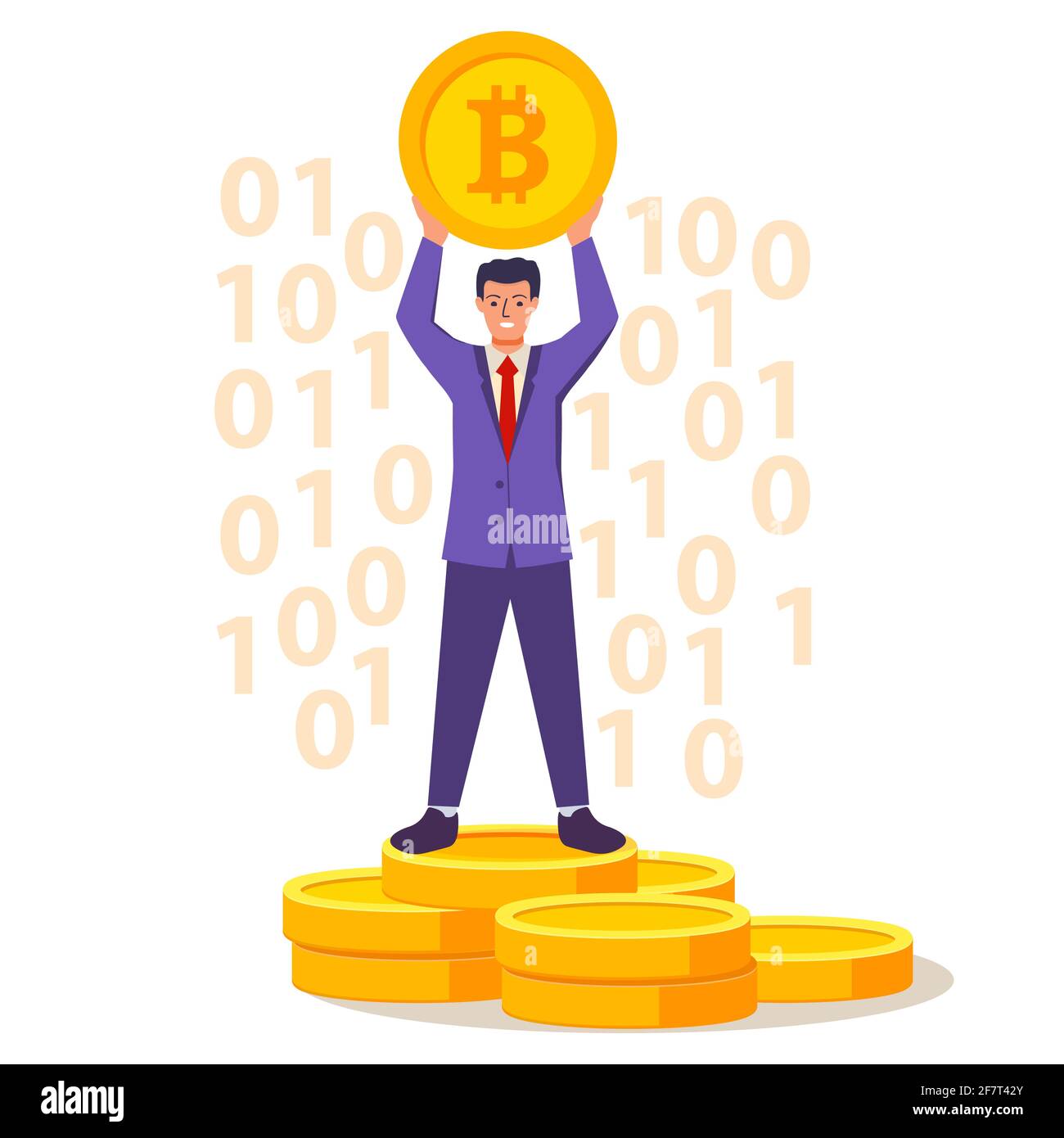 A man holds in hand bitcoin.Cryptocurrency investment concept.Vector flat illustration.Isolated on white background. Stock Vector