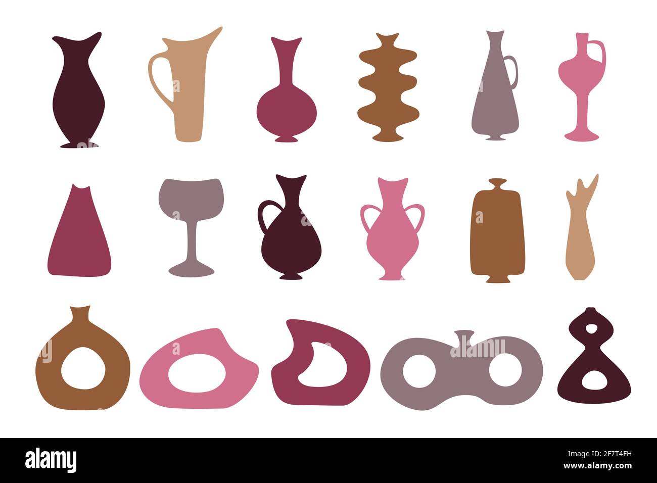 Set of color vases, bottles, urns and jars silhouettes for abstract design, simple hand drawn shapes vector illustration Stock Vector