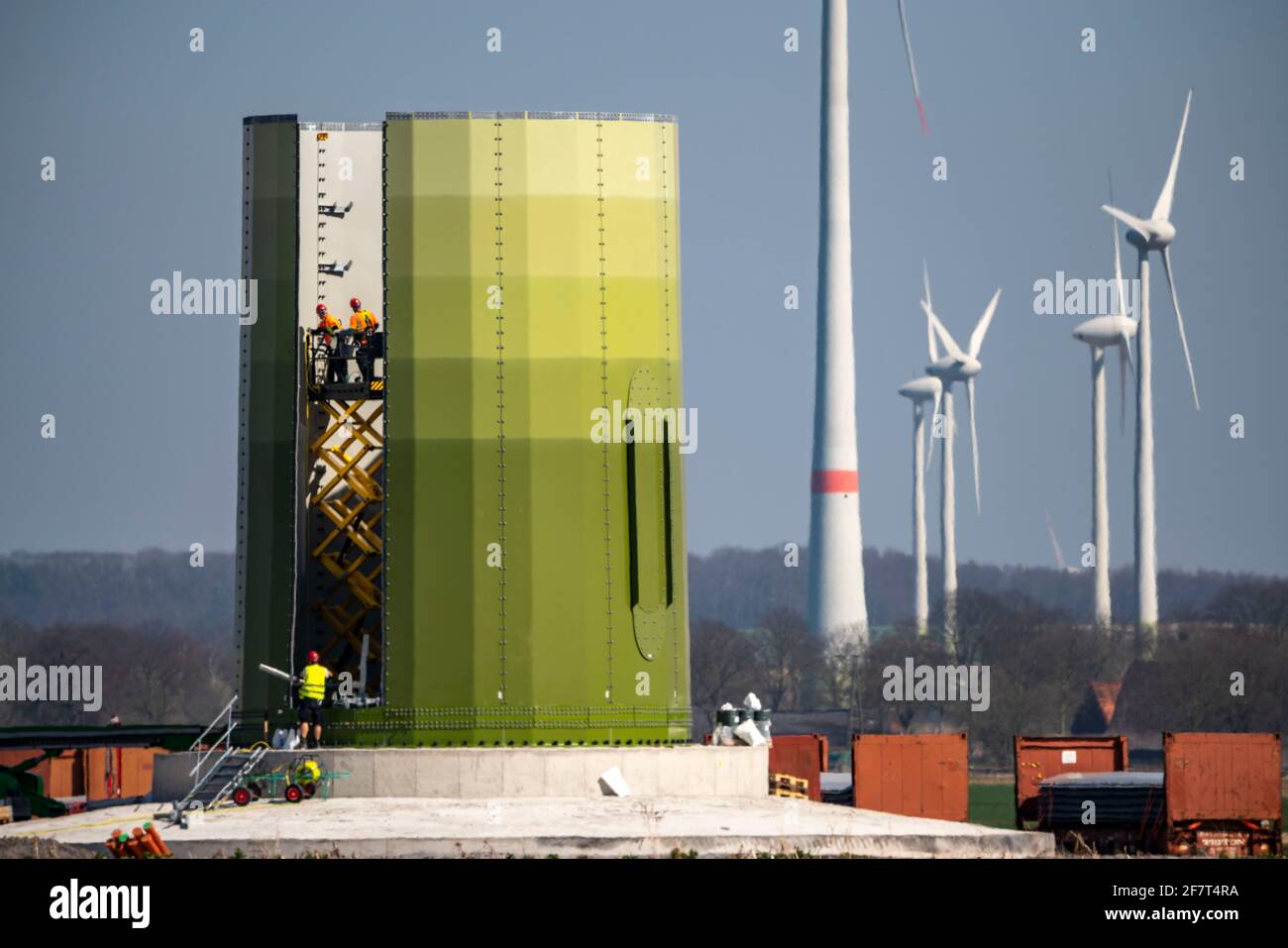 Construction of a wind turbine, steel pillar by Enercon, near Kerken, Kleve district, on the Lower Rhine, NRW, Germany, Stock Photo