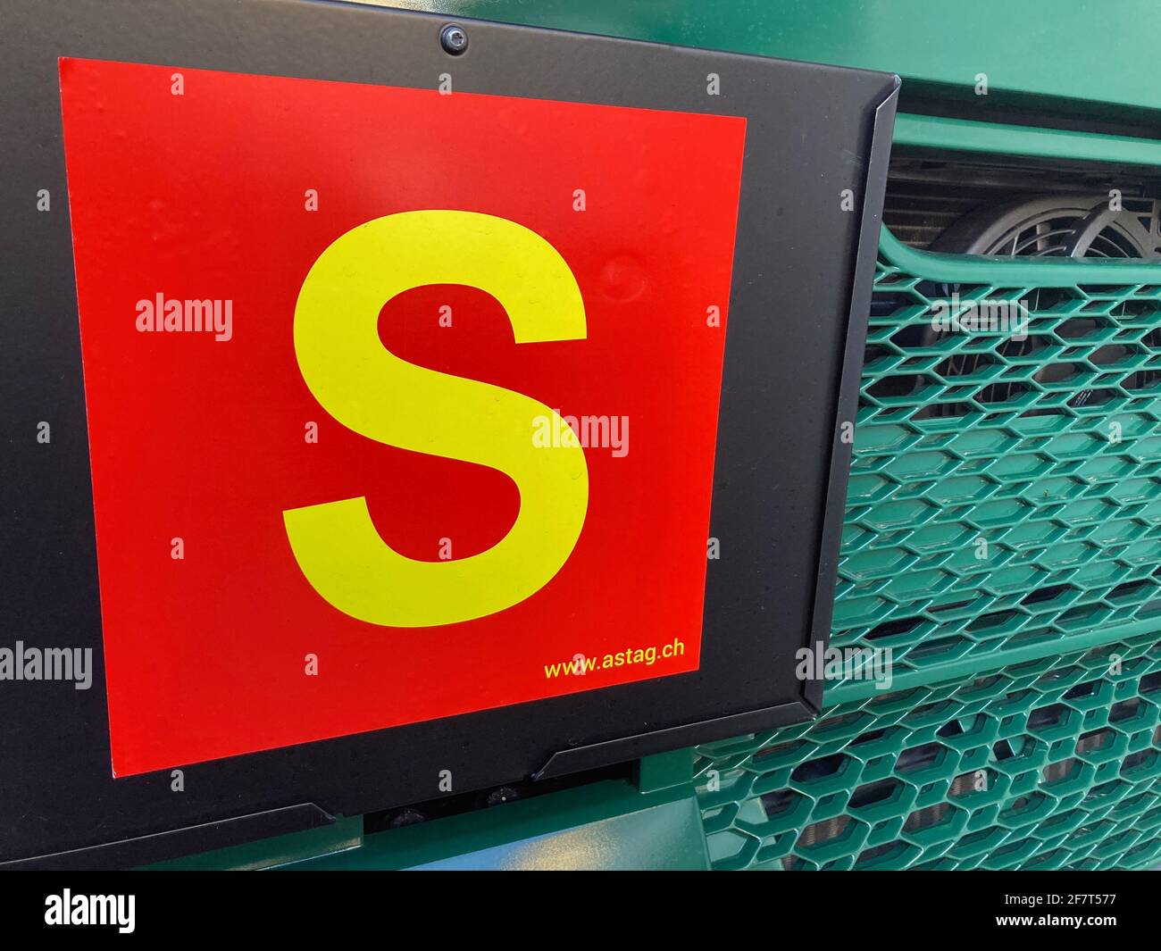 Sorengo, Ticino, Switzerland - 8th March 2021 : Close up of a Swiss S truck permission sign hanging on a truck body. The S sign is placed on the swiss Stock Photo