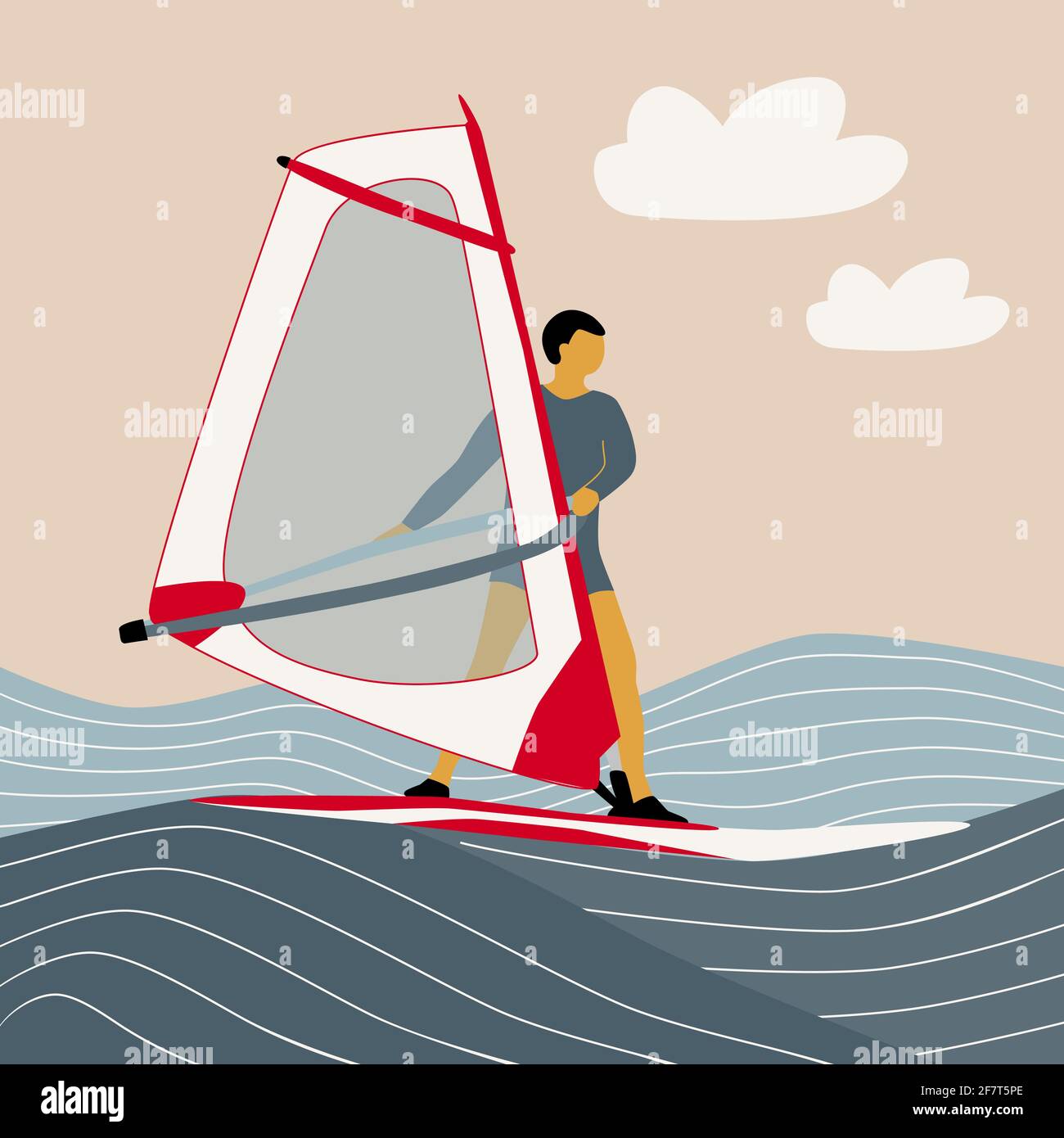 Hand draw vector illustration man on windsurf, abstract sea and sky background, water sports, riding on waves, summer holidays Stock Vector