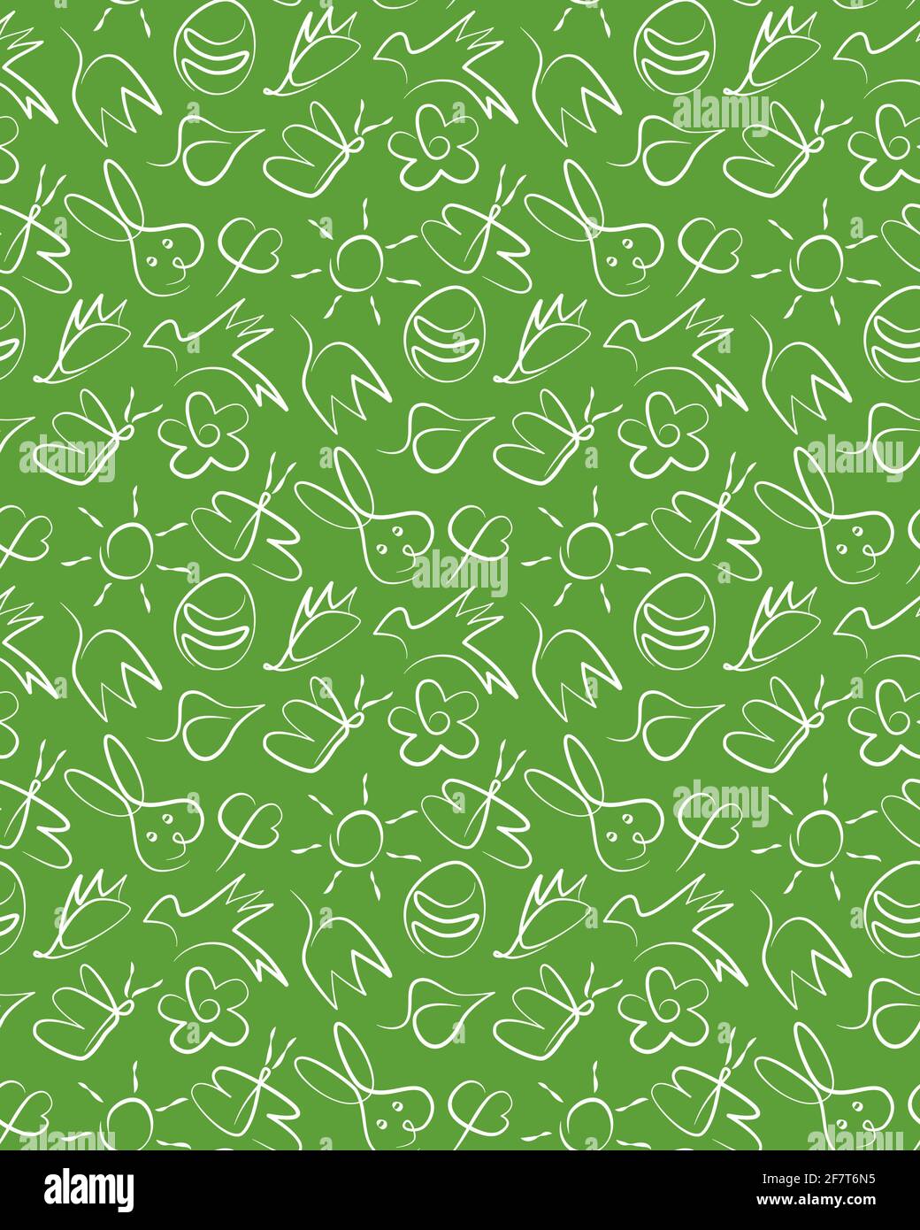 spring pattern with white outline of leaves, flowers, birds, hedgehog, rabbit, eggs, butterflies, sun on a green background vector illustration Stock Vector