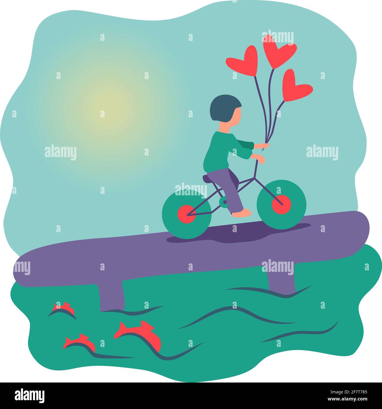 vector illustration, guy rides a bicycle across the bridge, holding heart-shaped balloons in his hand, the sun is shining, fish are visible in the wat Stock Vector