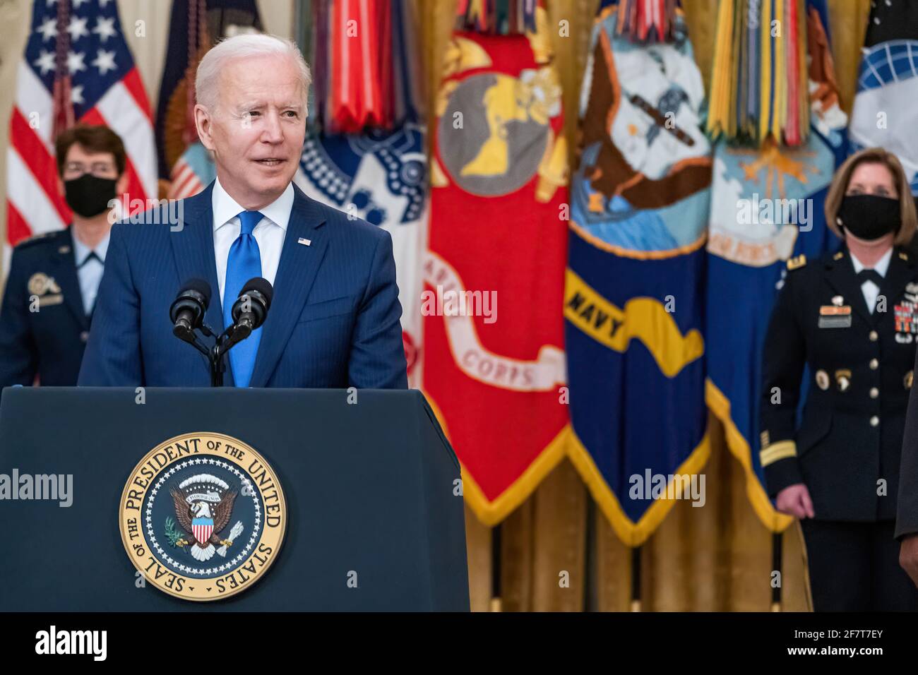 President Joe Biden, joined by Vice President Kamala Harris, Secretary of Defense Lloyd Austin, U.S. Air Force Gen. Jacqueline Van Ovost, and U.S. Army Lt. Gen. Laura Richardson, delivers remarks during an event to announce the President’s Combatant Commanders nominees Monday, March 8, 2021, in the East Room of the White House. (Official White House Photo by Adam Schultz) Stock Photo