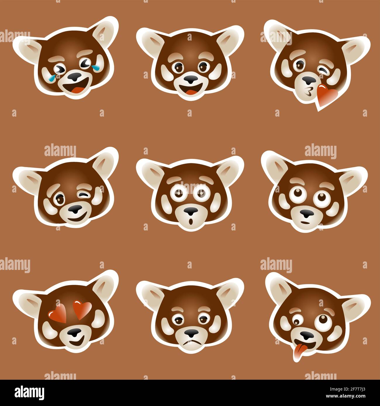 set of 9 vector emoji with red panda face , colored Stock Vector