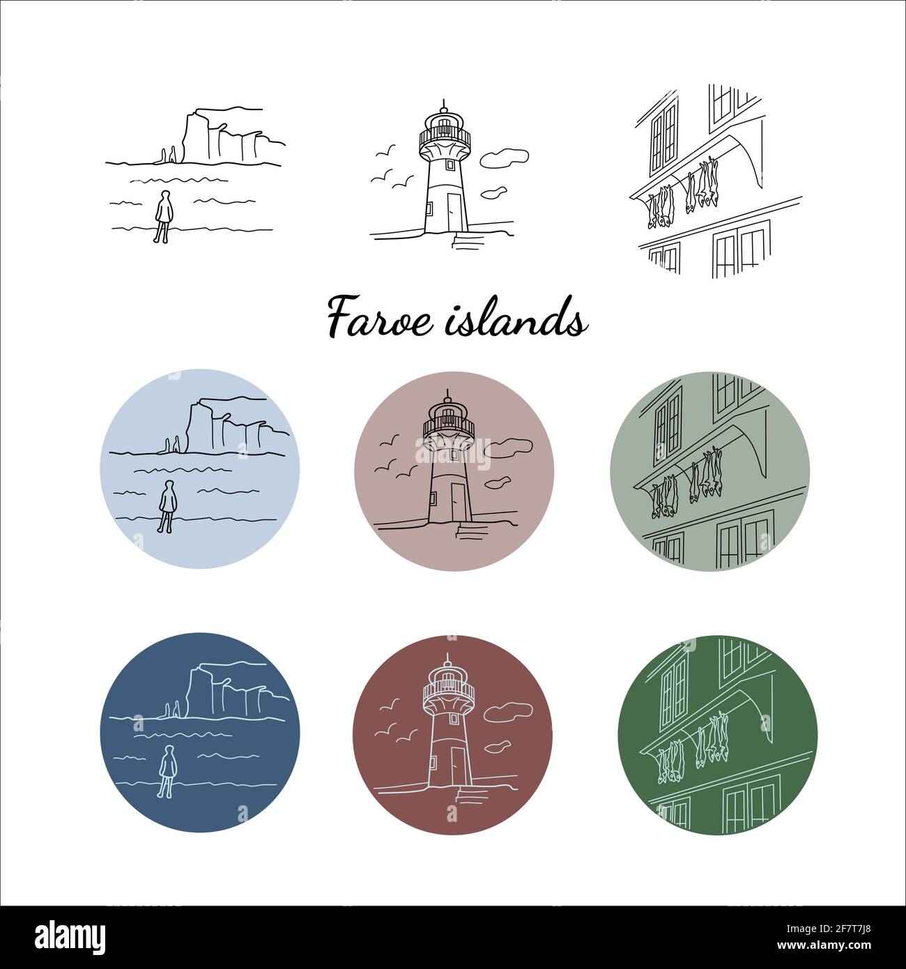 set of Faroe islands linear icons lighthouse, sea, dry fish vrctor illustration Stock Vector