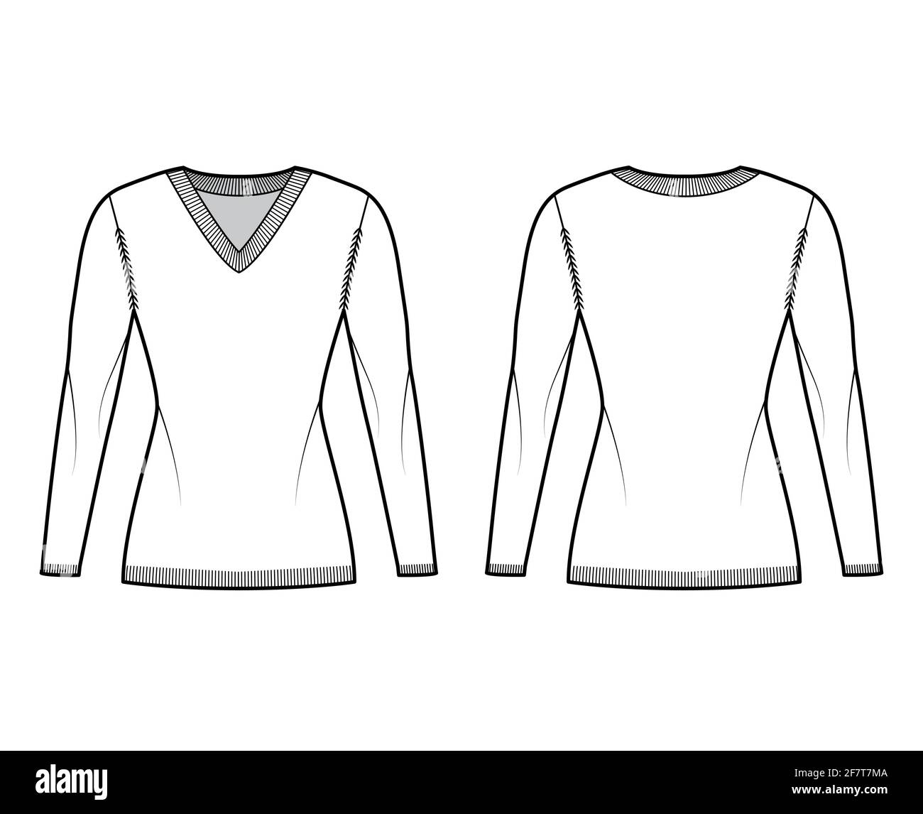 Vneck Sweater technical fashion illustration with long sleeves, slim