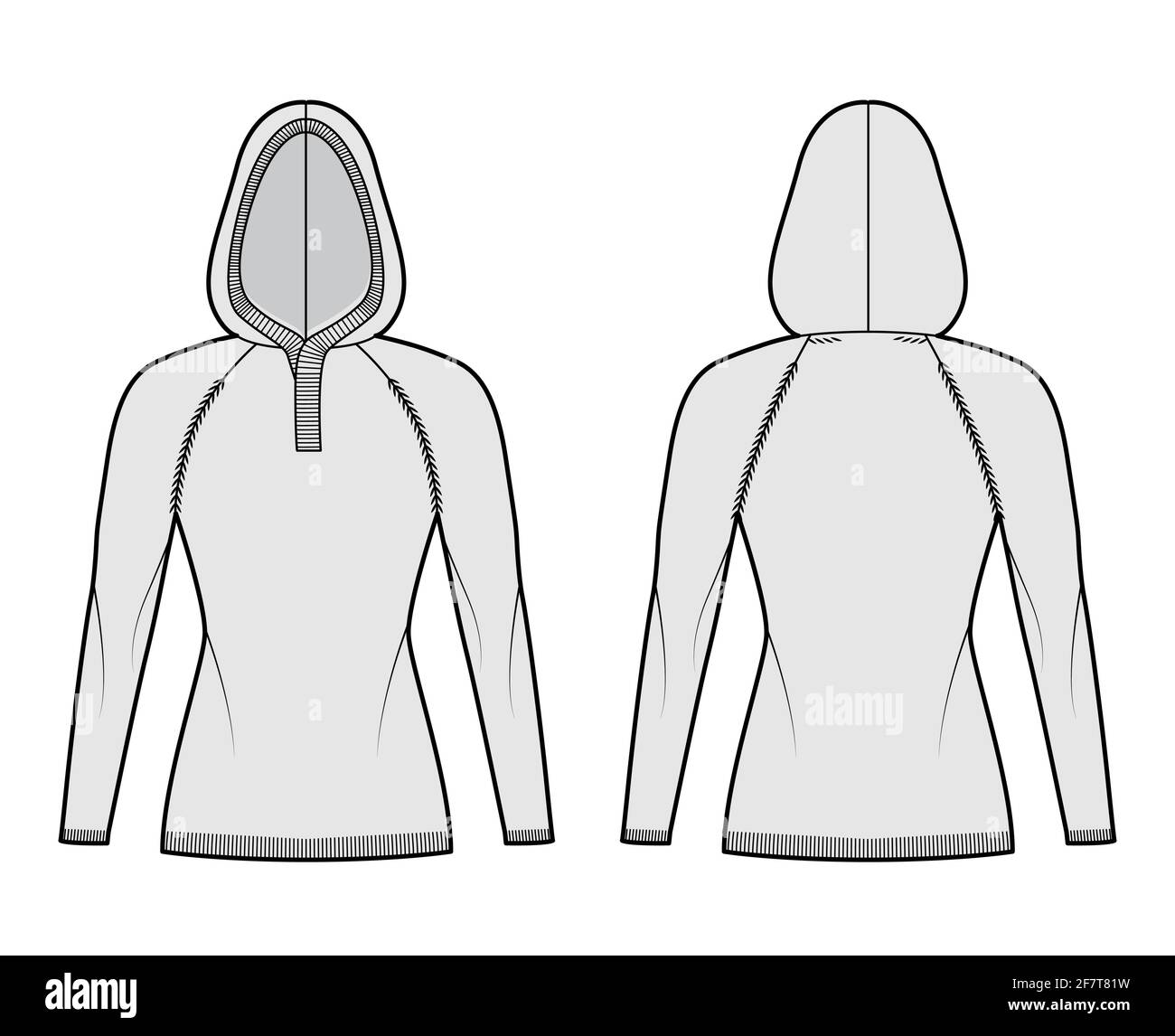 Hooded Sweater technical fashion illustration with rib henley neck