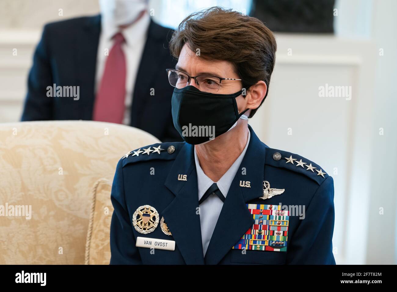 U.S. Air Force Gen. Jacqueline Van Ovost is seen during a meeting with President Joe Biden, Vice President Kamala Harris, Secretary of Defense Lloyd Austin, Deputy Secretary of Defense Kathleen Hicks, and fellow Combatant Commander nominee U.S. Army Lt. Gen. Laura Richardson Monday, March 8, 2021, in the Oval Office of the White House. (Official White House Photo by Adam Schultz) Stock Photo