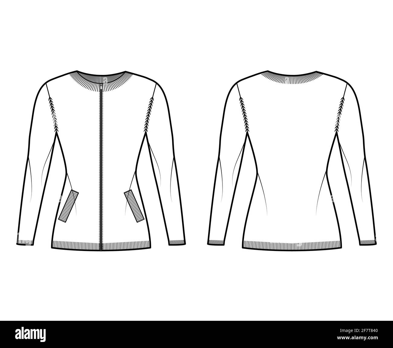 Zip-up cardigan Sweater technical fashion illustration with rib crew neck, long sleeves, fitted body, knit trim, pockets. Flat jumper apparel front, back, white color. Women, men unisex CAD mockup Stock Vector