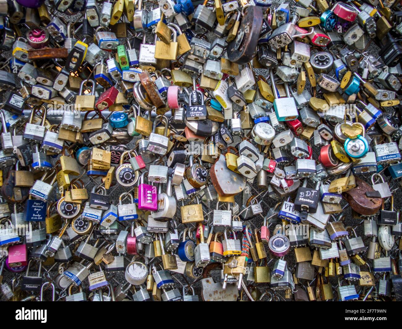 Full frame of padlocks attached to chain link fence, San Antonio, TX Stock Photo