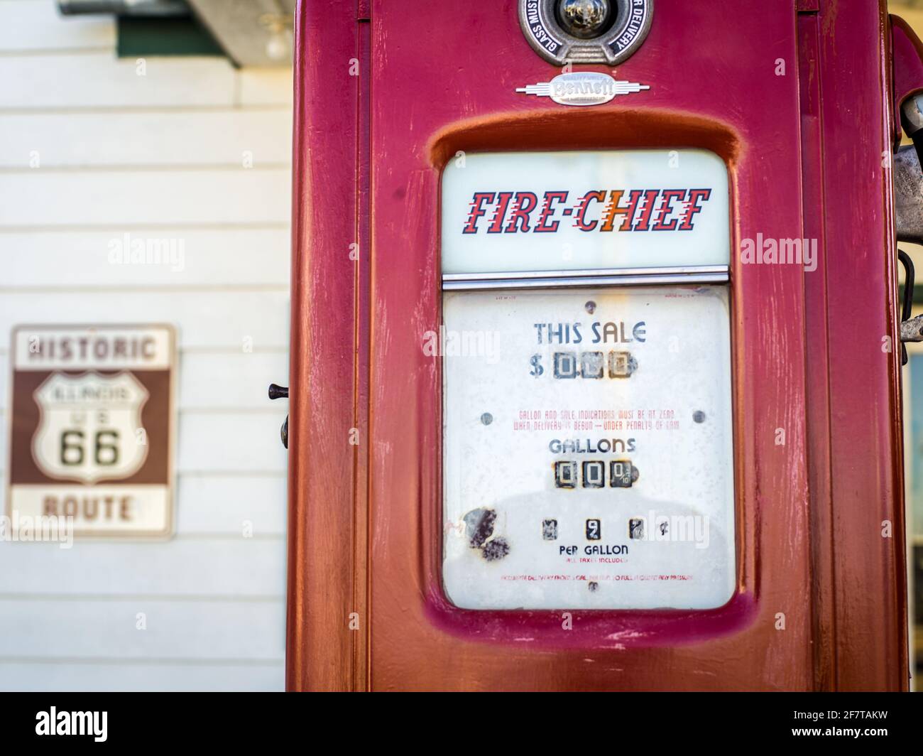 Oldstyle gas pump along roadside of Historic Route 66 Towanda, Ilinois