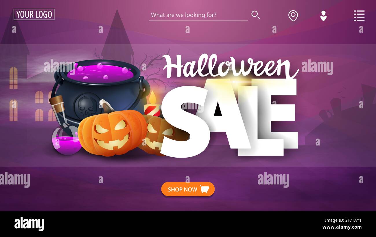 Halloween sale, template the main page of the web site with the discount banner, witch's pot and pumpkin Jack Stock Photo