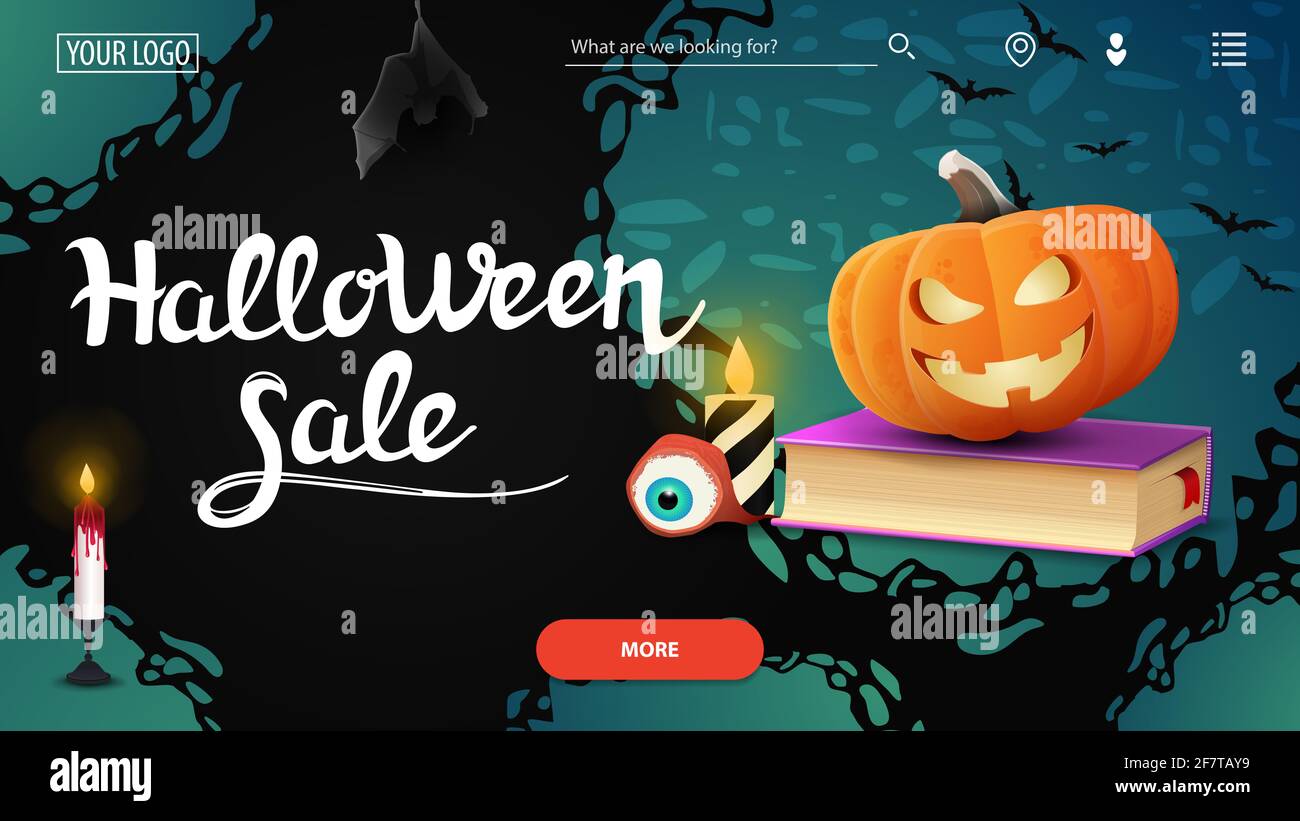 Halloween sale, template the main page of the web site with the discount banner, spell book and pumpkin Jack Stock Photo