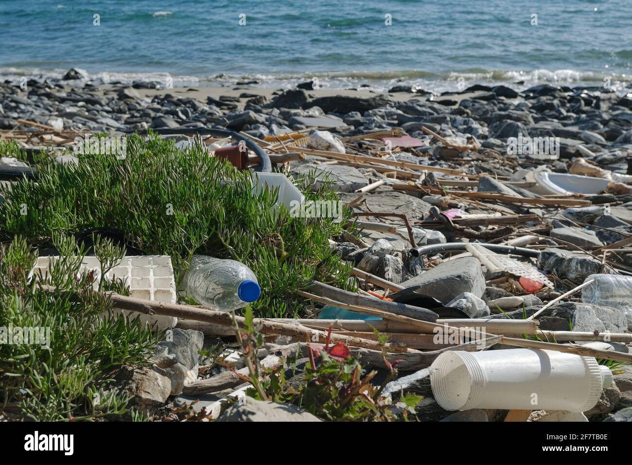 Marine sea ecosystem contaminated with plastic debris pollution,environmental waste  Stock Photo