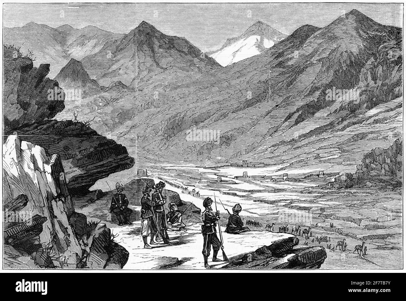 Engraving of a lookout party of the 27th PNI at Kutta Kowtia, from a hill near Lundi Konil, Khyber Pass during the second Anglo-Afghan war, 1879 Stock Photo