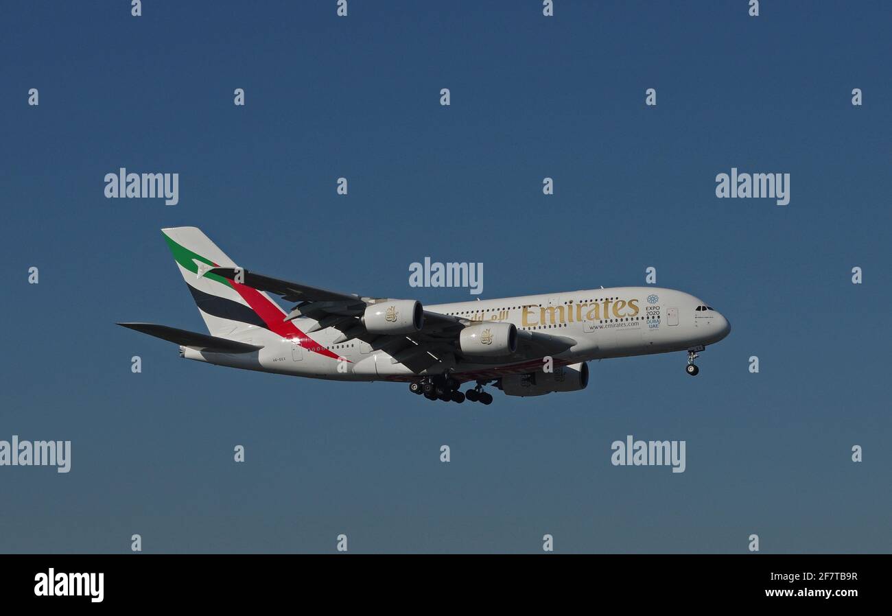 Düsseldorf, Germany - February 16, 2016: Airbus A380-800 of Emirates Airline at the airport of Düsseldorf while final approach Stock Photo