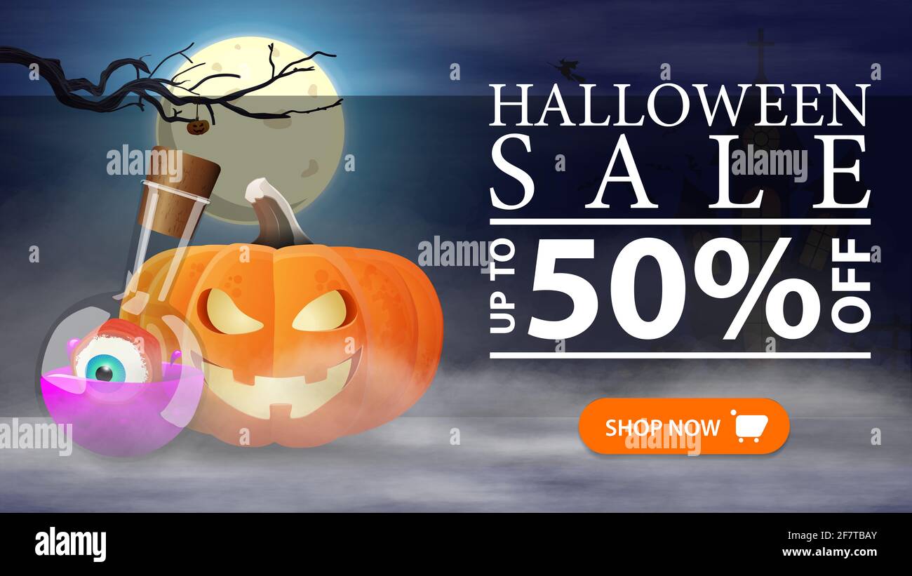 Halloween sale, 50 off, horizontal discount banner with night