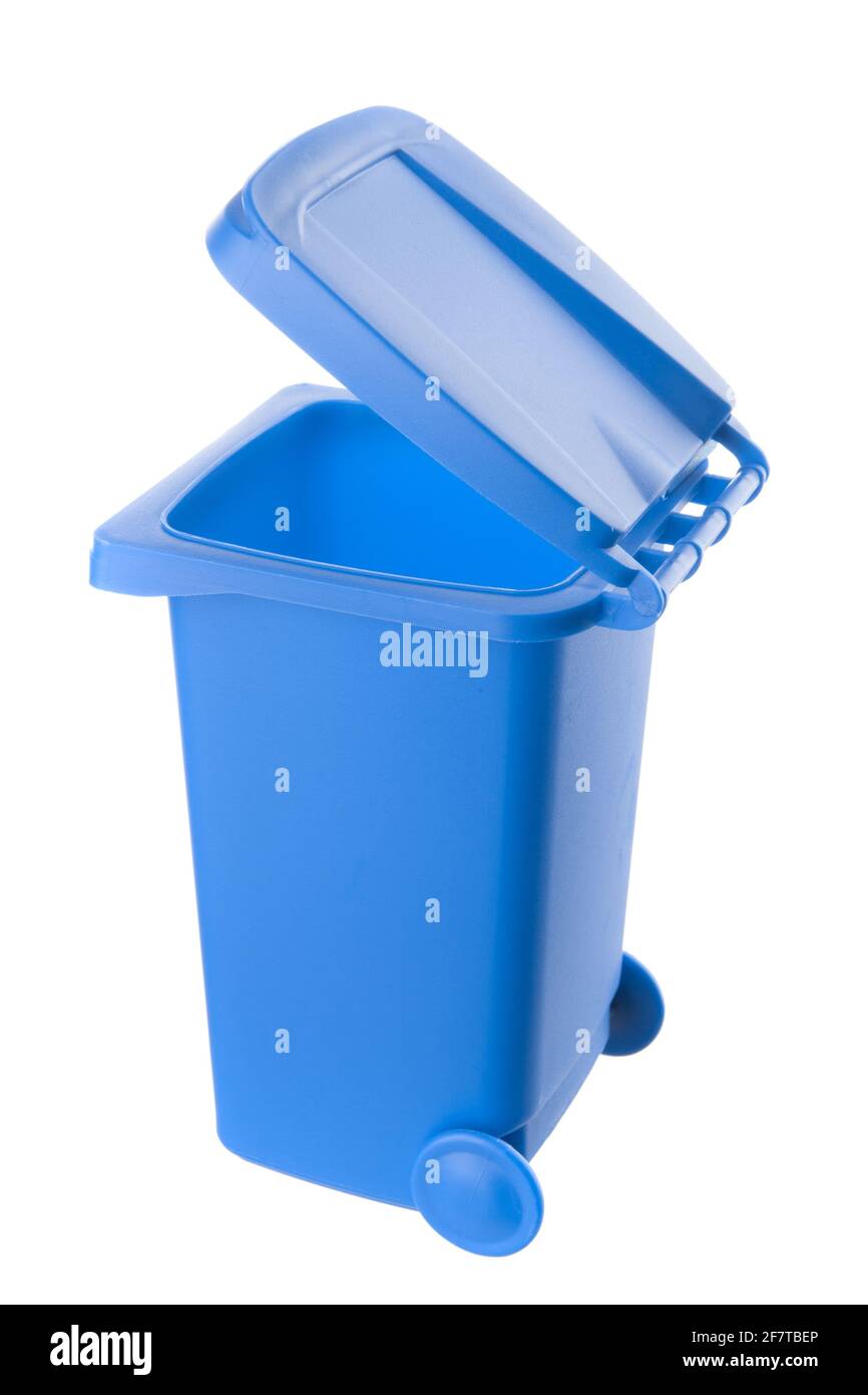 Plastic blue trash can isolated on white background Stock Photo Alamy