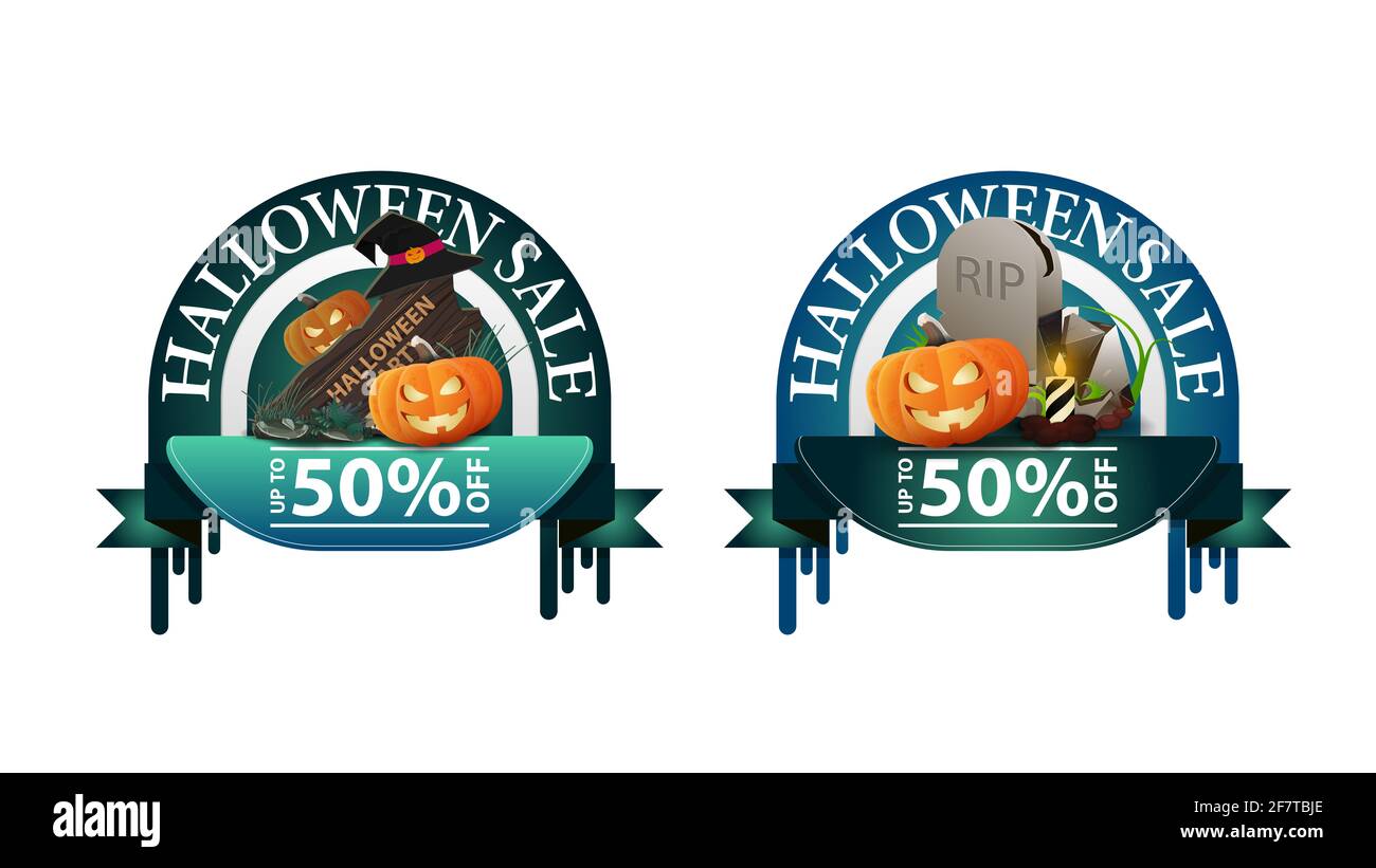 Halloween sale, -50 off, two round discount banners with tombstone and pumpkin Jack Stock Photo