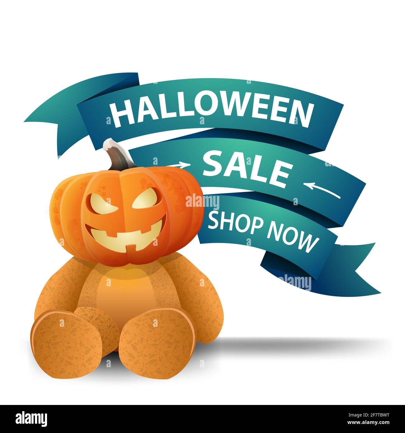 Discount banner in the shape of a blue ribbon for Halloween with Teddy bear with Jack pumpkin head Stock Photo