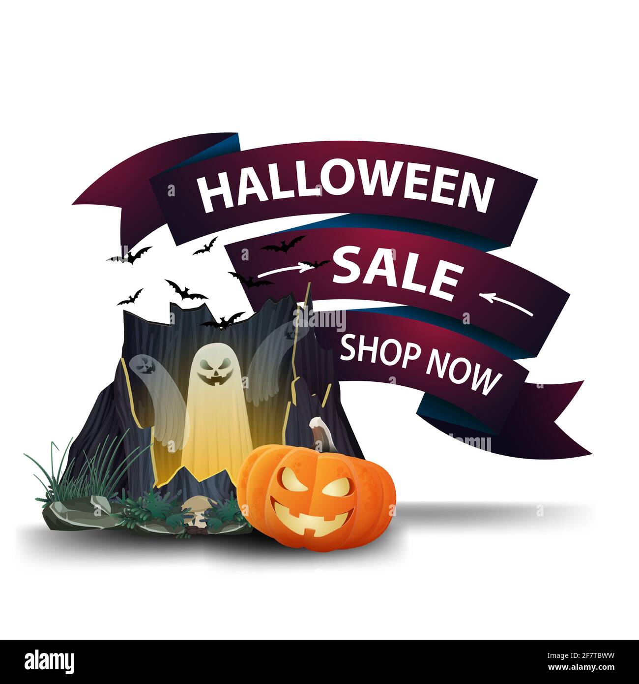 Discount banner in the shape of a pink ribbon for Halloween with portal with ghosts and pumpkin Jack Stock Photo