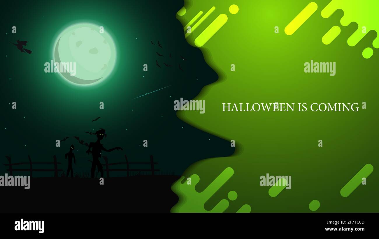 Halloween is coming, modern green greeting postcard with beautiful ...