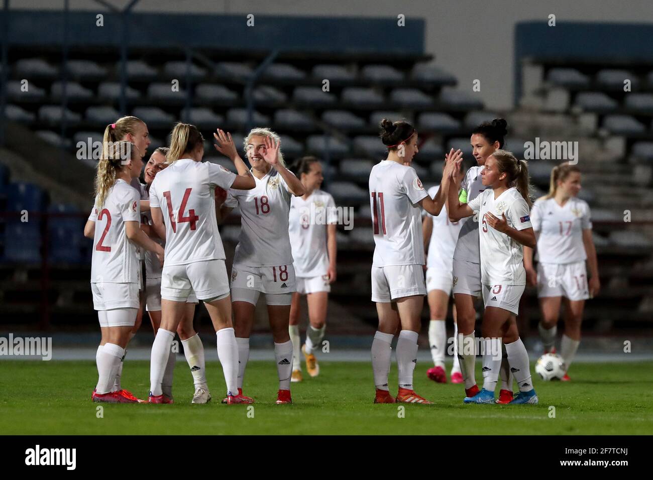 Lisbon, Portugal. 9th Apr, 2021. Russia's team players celebrate the victory at the end of the UEFA Women's EURO 2022 play-off first leg match between Portugal and Russia, at the Restelo stadium in Lisbon, Portugal, on April 9, 2021. Credit: Pedro Fiuza/ZUMA Wire/Alamy Live News Stock Photo