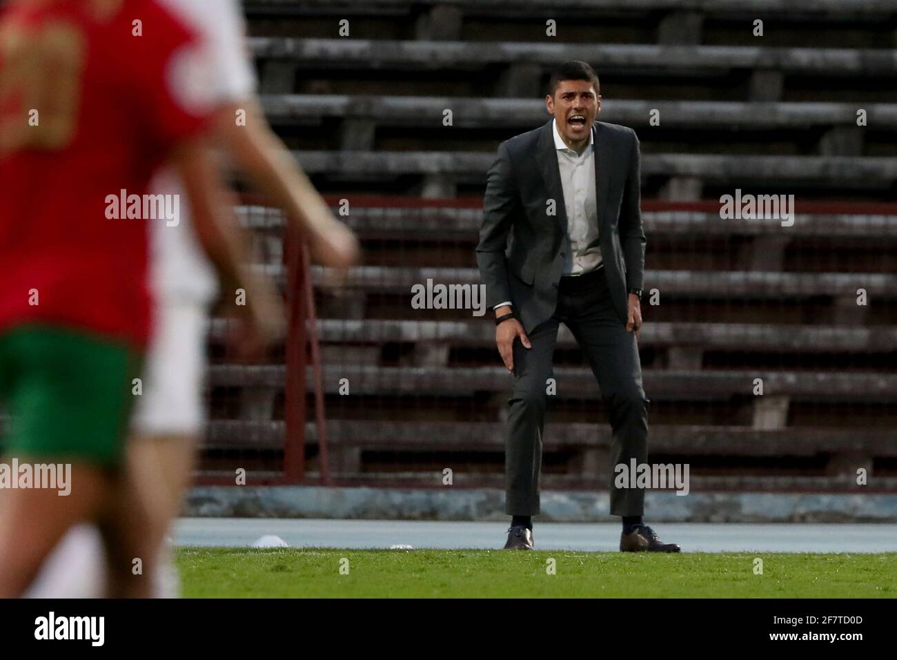 Lisbon, Portugal. 9th Apr, 2021. Portugal's head coach Francisco Neto reacts during the UEFA Women's EURO 2022 play-off first leg match between Portugal and Russia, at the Restelo stadium in Lisbon, Portugal, on April 9, 2021. Credit: Pedro Fiuza/ZUMA Wire/Alamy Live News Stock Photo