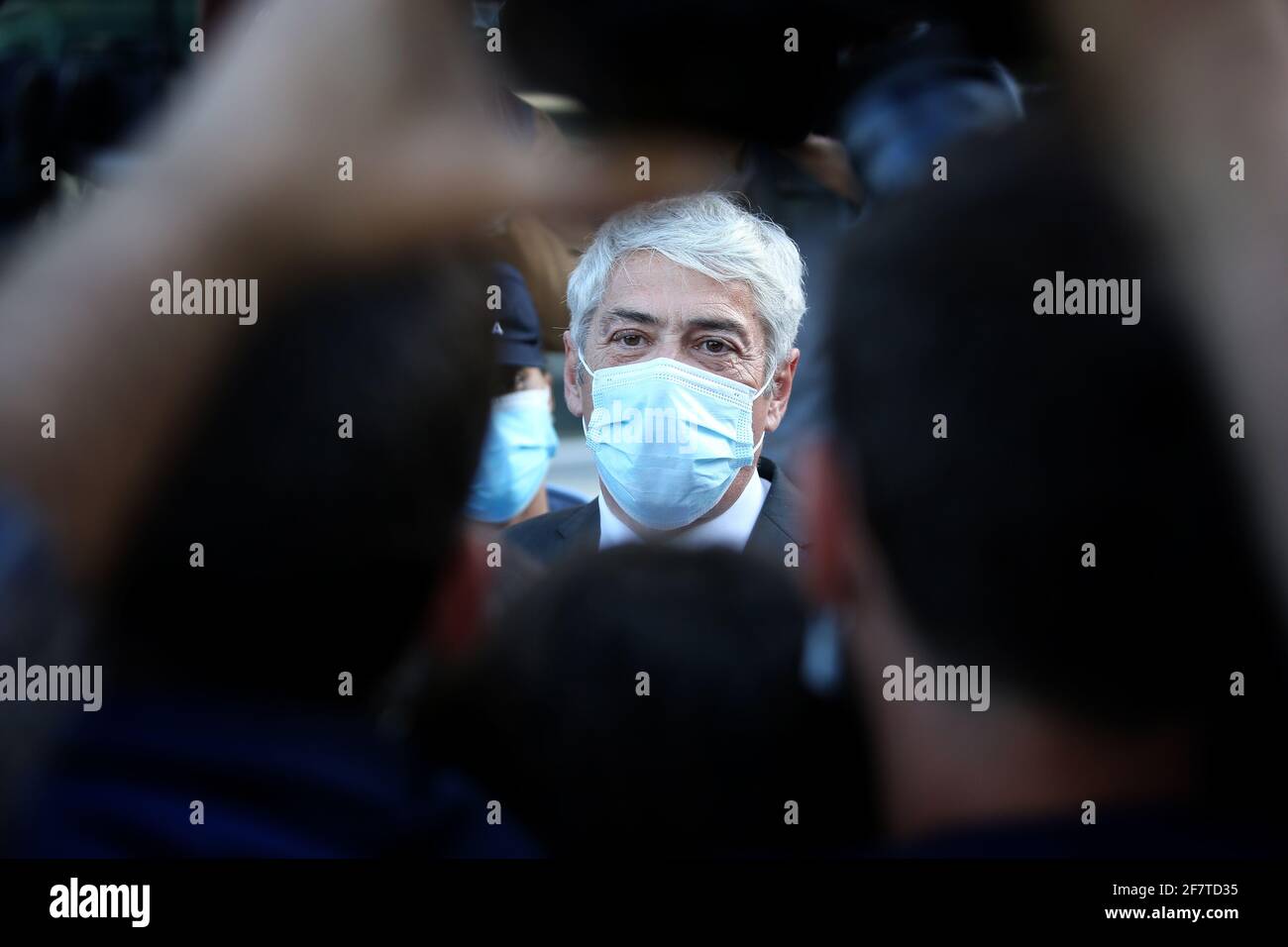 Lisbon, Portugal. 9th Apr, 2021. Portugal's former Prime Minister Jose Socrates wearing a face mask speaks to journalists as he leaves the court after the instructional decision session of the high-profile corruption case known as Operation Marques, at the Justice Campus in Lisbon, Portugal, 09 April 2021. Credit: Pedro Fiuza/ZUMA Wire/Alamy Live News Stock Photo