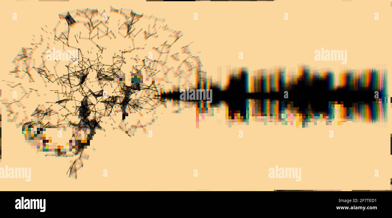 Illustration of a brain and sound waves on a light color background ...