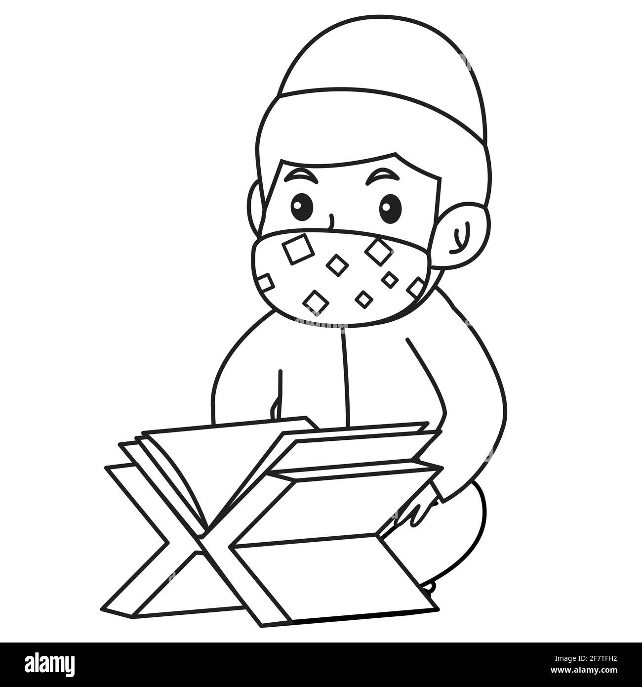 Muslim boys religious reading al-quran,ramadan month, using mask and healthy protocol. Vector illustration. Stock Vector