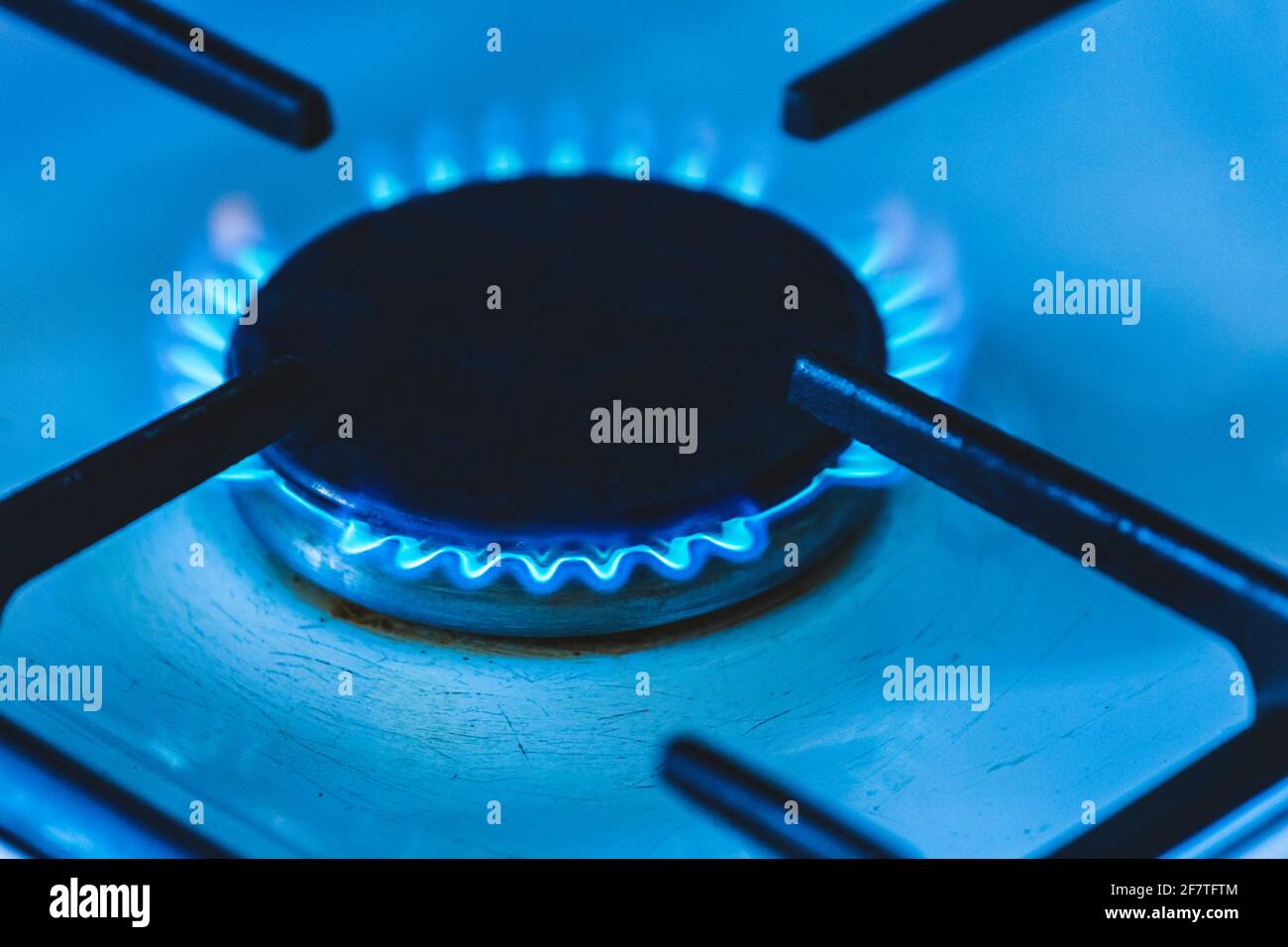 Gas burner with a blue flame on a gas stove, closeup Stock Photo Alamy