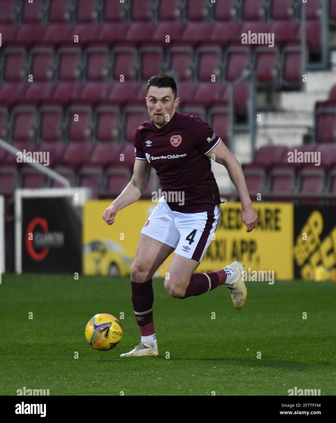Tynecastle Park, Edinburgh, Scotland. UK. 9th April 21. Scottish Championship Match.Hearts vs Alloa Hearts welcome the return of John Souttar after being out with a long term injury Credit: eric mccowat/Alamy Live News Stock Photo
