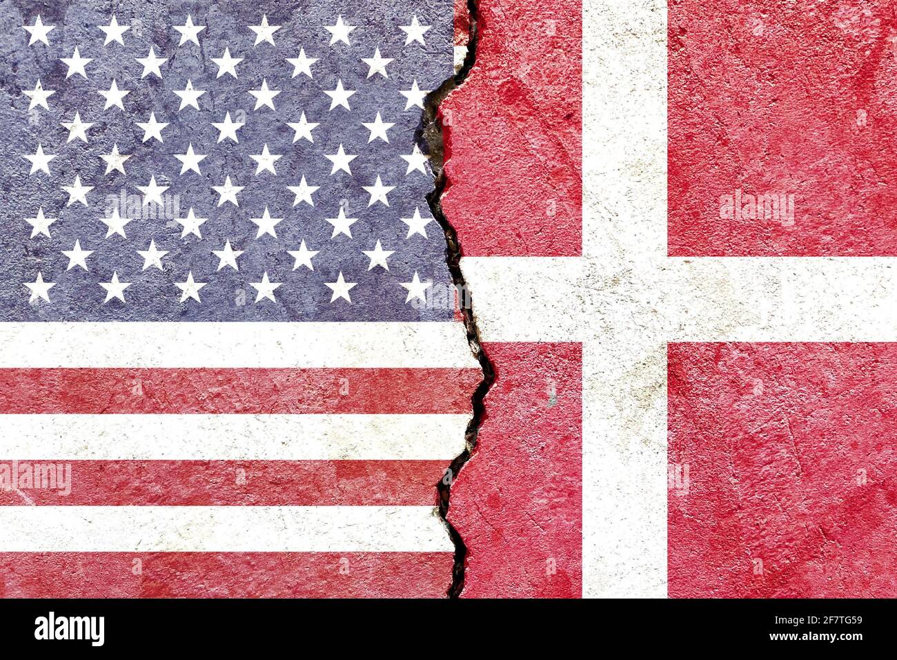 Flags of the USA and Denmark isolated on cracked wall background Stock ...