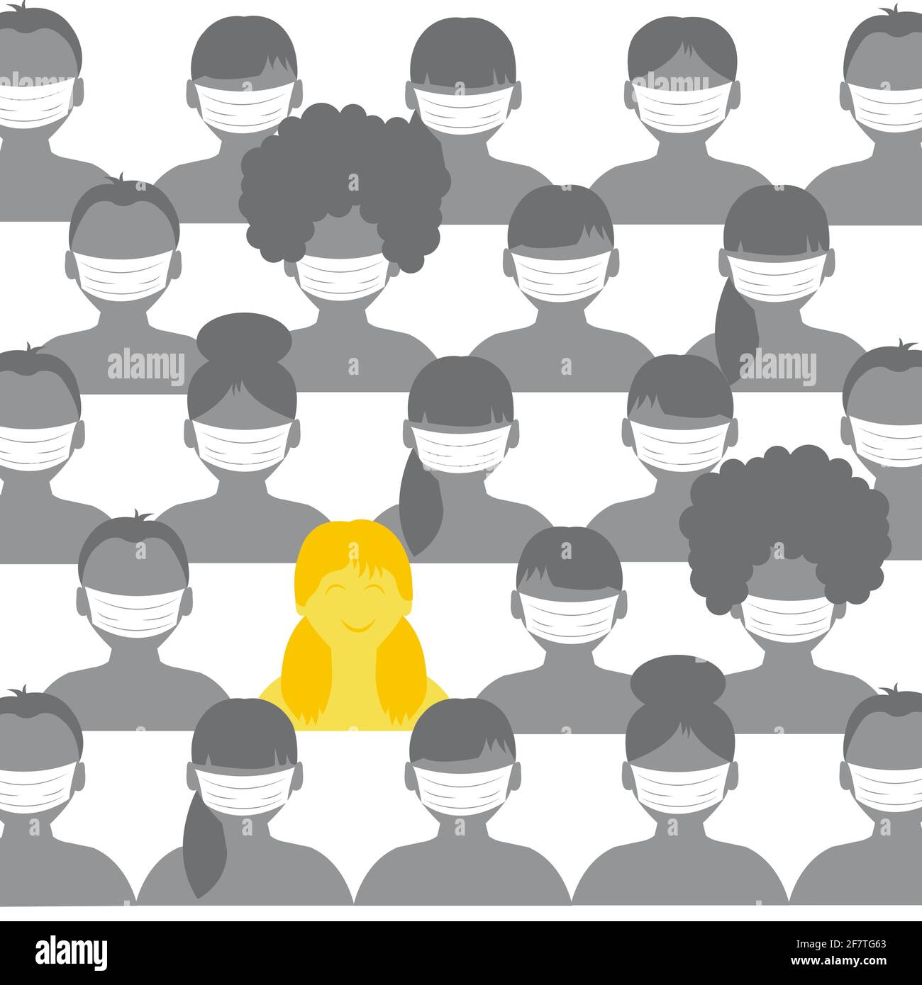 A group of people in medical masks and among them one person without a mask. Concept of the right not to wear a mask. One person without a mask Stock Vector