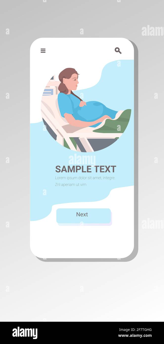 pregnant woman lying in hospital bed before childbirth maternity pregnancy concept smartphone screen mobile app vertical copy space portrait Stock Vector