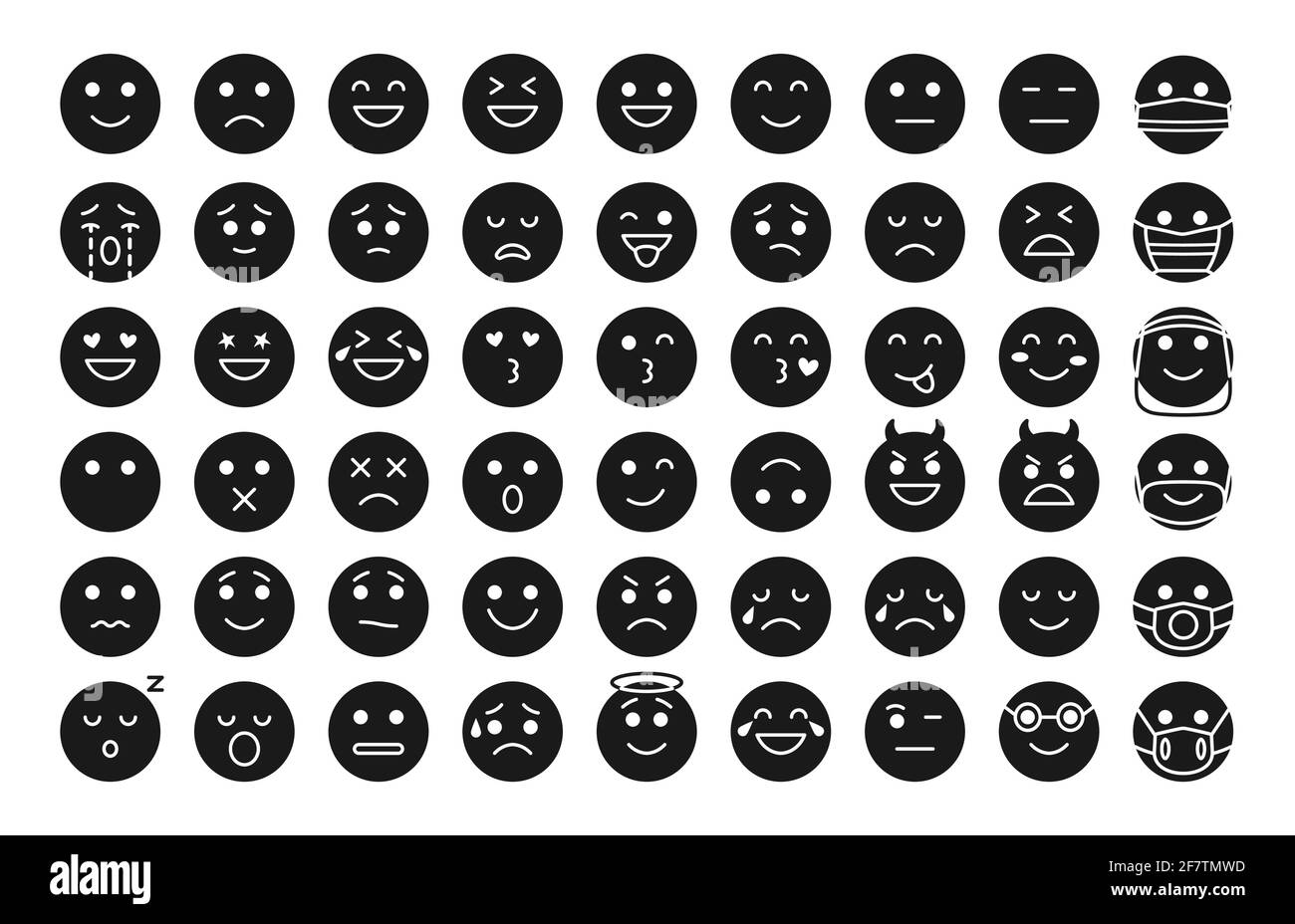 Emoji face black silhouette icon set. Different type emoticon smile template collection. Mood or facial emotion sign. Faces expressing laugh, sad, angry. Emoticons in mask Isolated vector illustration Stock Vector