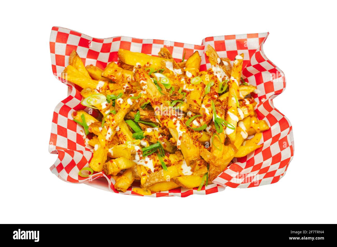 French fries with toppings isolated on white background. Overhead shot