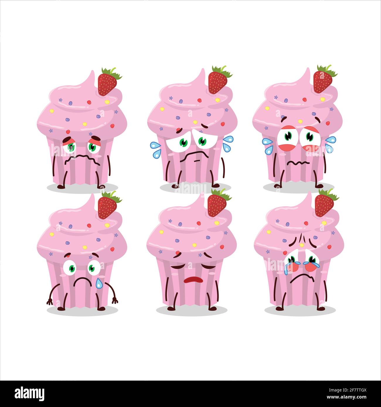 Strawberry muffin cartoon character with sad expression. Vector