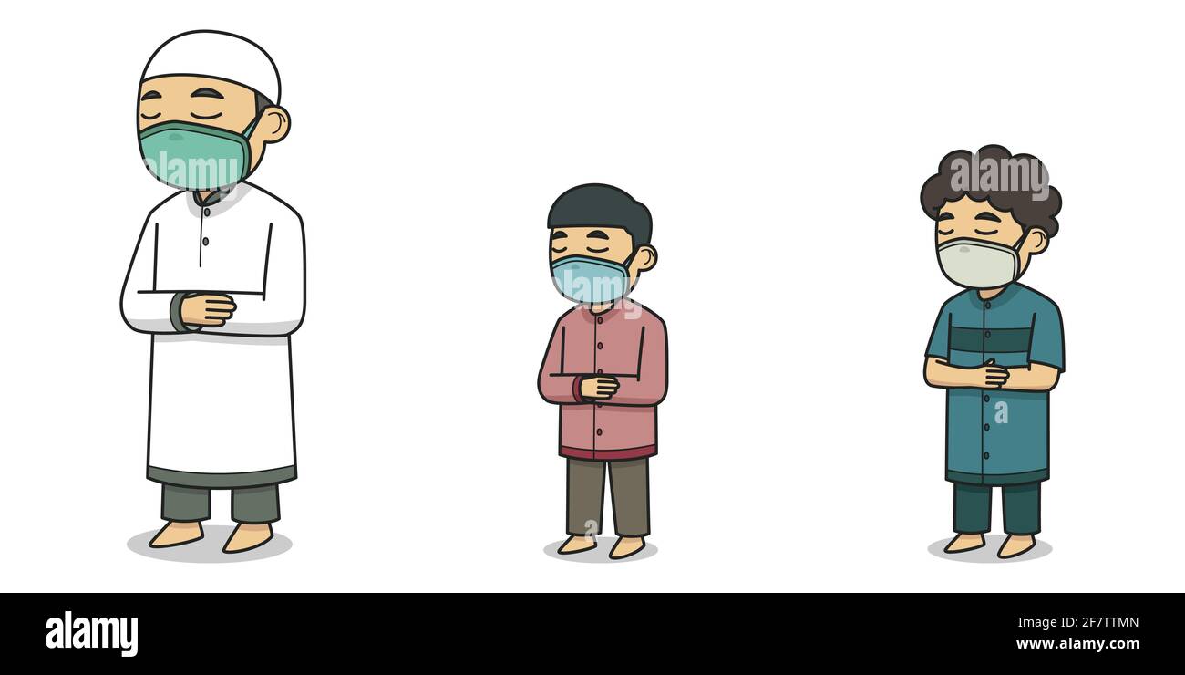 Imam and Makmum Characters Wearing Face Mask. Vector Illustration. Children Book Illustration. Stock Vector