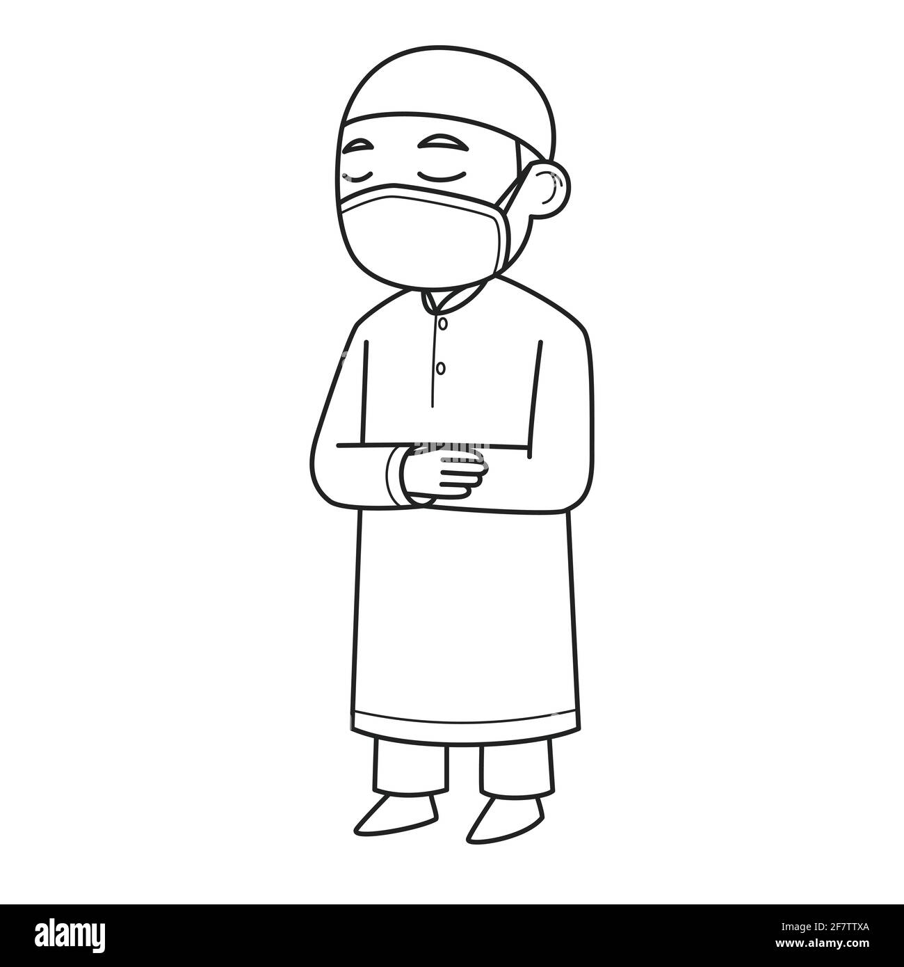 Imam Character Wearing Face Mask. Vector Illustration. Coloring Book Illustration. Stock Vector